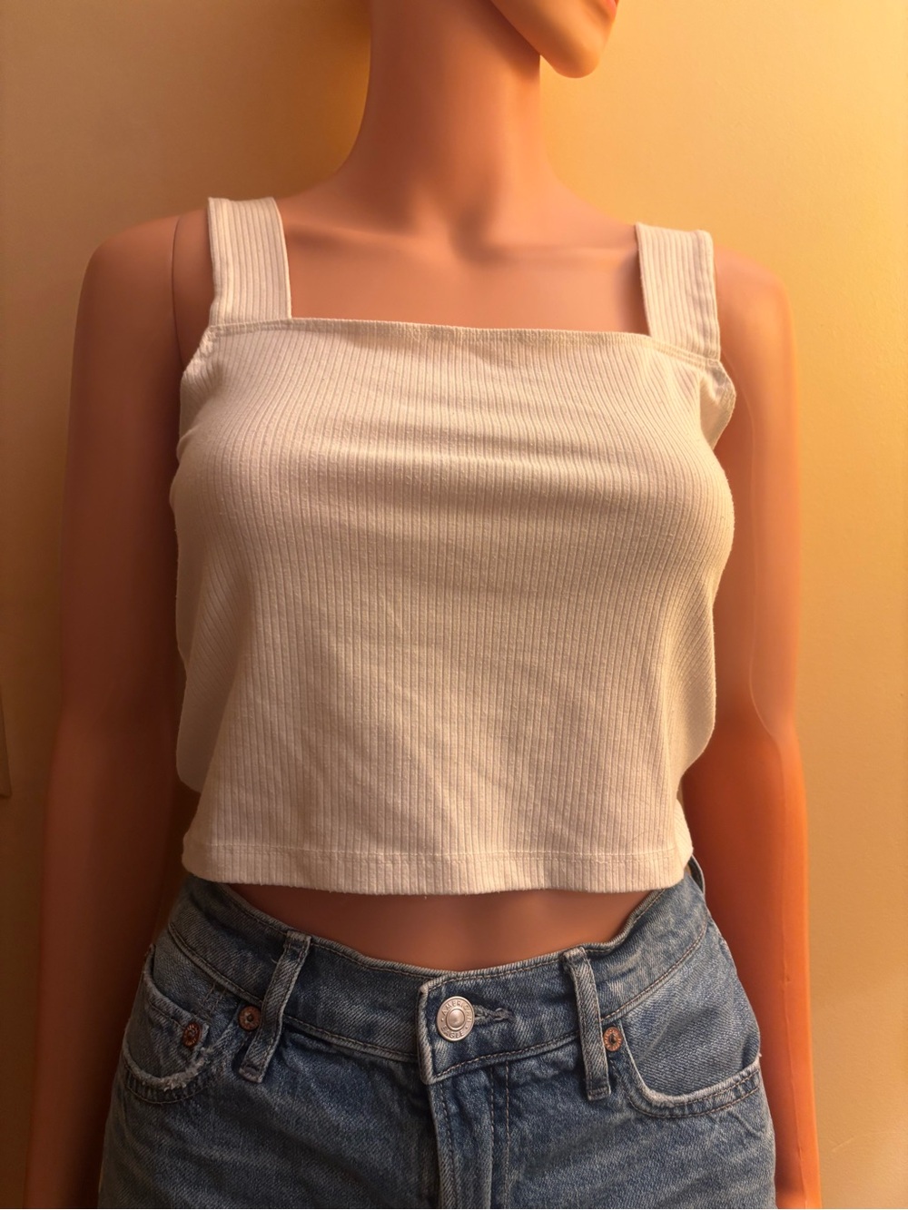 American Eagle Outfitters White Ribbed Square-Neck Crop Top